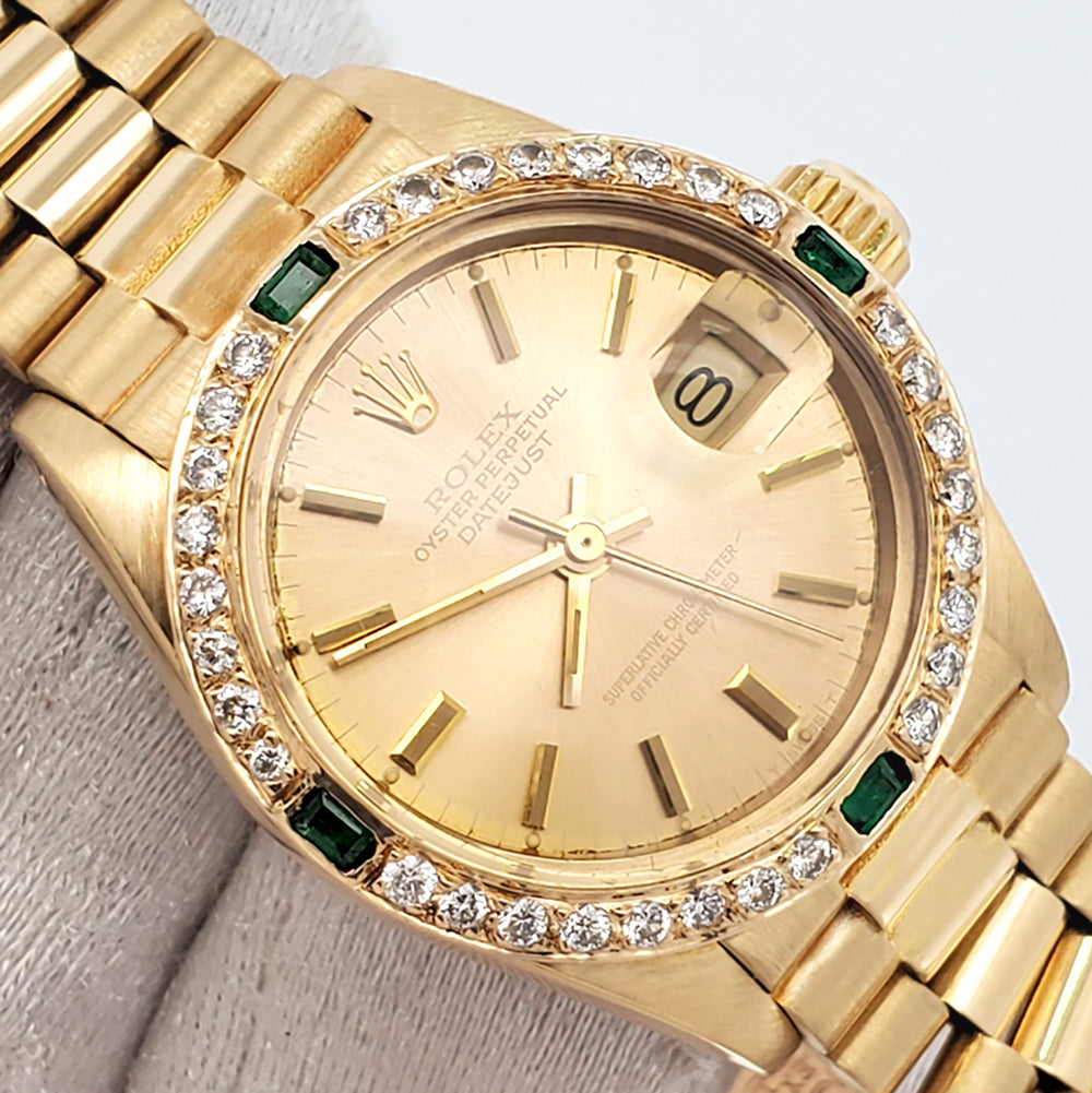 Rolex President Ladies Champagne Index Yellow Gold 26mm Watch Custom Diamond Bezel 6917