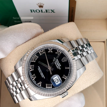 Rolex Datejust 36mm Black Roman White Gold Fluted Bezel Steel Jubilee Watch 116234 Box Papers