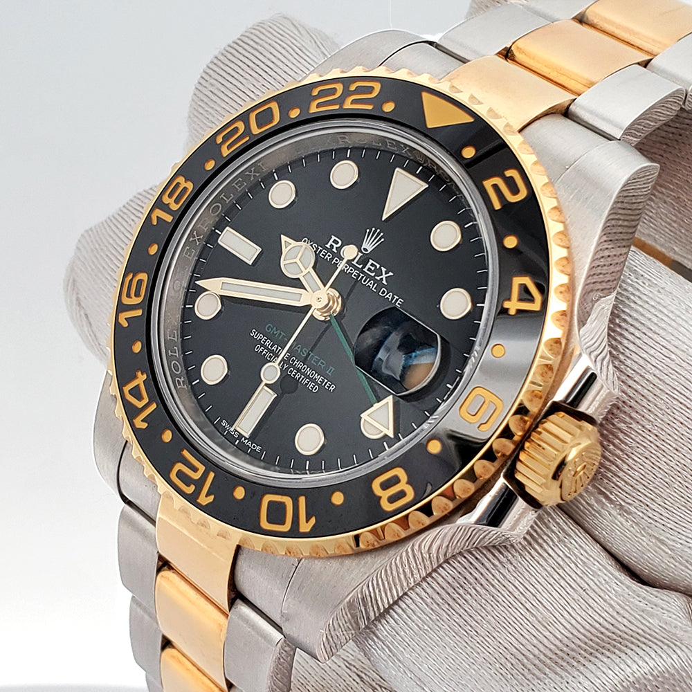 Rolex GMT-Master II 40mm Yellow Gold and Steel Black Ceramic Bezel Watch 116713LN Box Papers