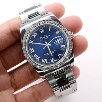 Rolex Datejust 36MM Blue Roman Dial Steel Oyster Watch with Custom Diamond Bezel 116200