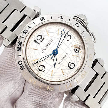 Cartier Pasha GMT Meridian 35mm Silver Grid Dial Steel Watch 2377 W31029M7