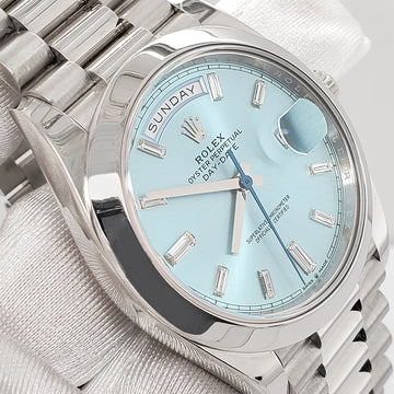Rolex President Day-Date 228206 40mm Ice Blue Baguette Diamond Dial Platinum Watch Box Papers