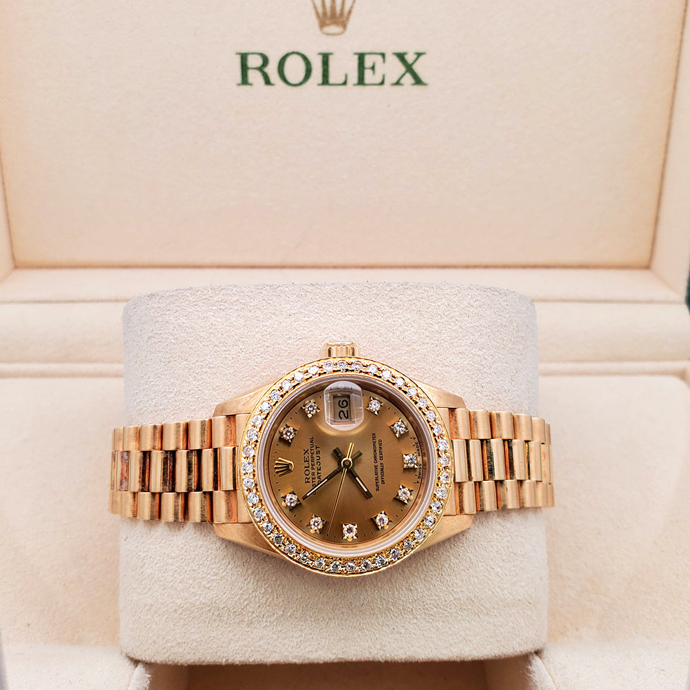 Rolex President Datejust 26mm Factory Champagne Diamond Dial Yellow Gold Watch 69178