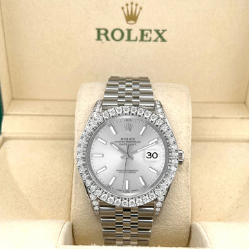 Rolex Datejust 41 4.4CT Diamond Bezel/Lugs/Silver Index Dial Jubilee Watch 126300 Box Papers