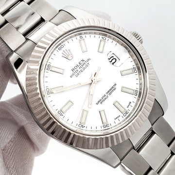 Rolex Datejust II 41mm 116334 White Index White Gold Fluted Bezel Steel Watch Box/Papers/Tag