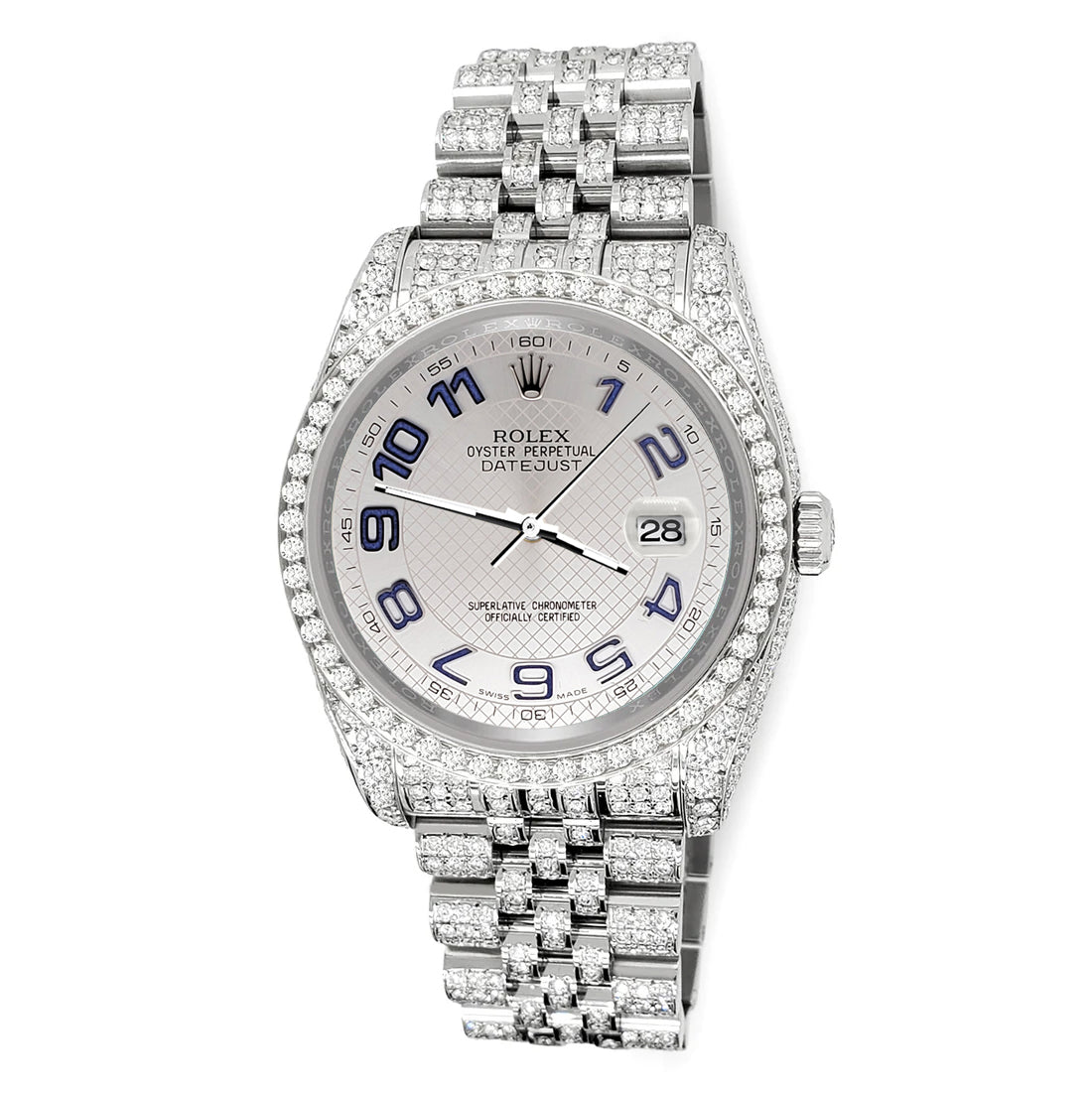 Rolex Datejust 36mm Pave 10.2ct Iced Diamond Silver Decorated Blue Arabic Dial Jubilee Watch 116200 Box Papers