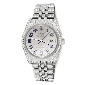 Rolex Datejust 36mm Pave 10.2ct Iced Diamond Silver Decorated Blue Arabic Dial Jubilee Watch 116200 Box Papers
