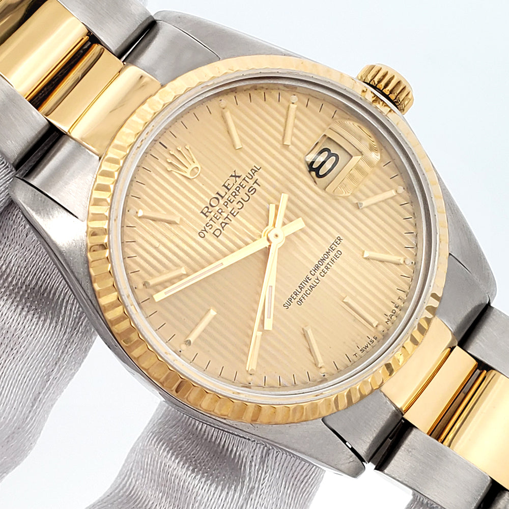 Rolex Datejust 36mm Champagne Tapestry 2-tone Yellow Gold/Steel Oyster 16013 Watch