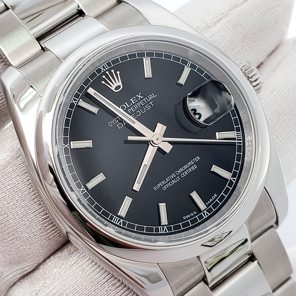 Rolex Datejust Black Index 36mm 116200 Steel Oyster Watch Box Papers
