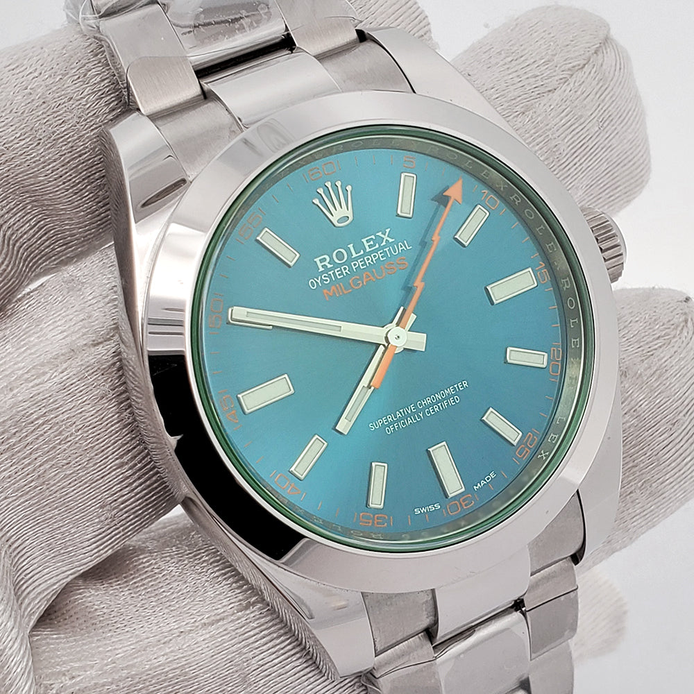 Rolex Milgauss 40mm 116400GV Green Crystal Blue Stick Dial Steel Watch 2021 Box Papers