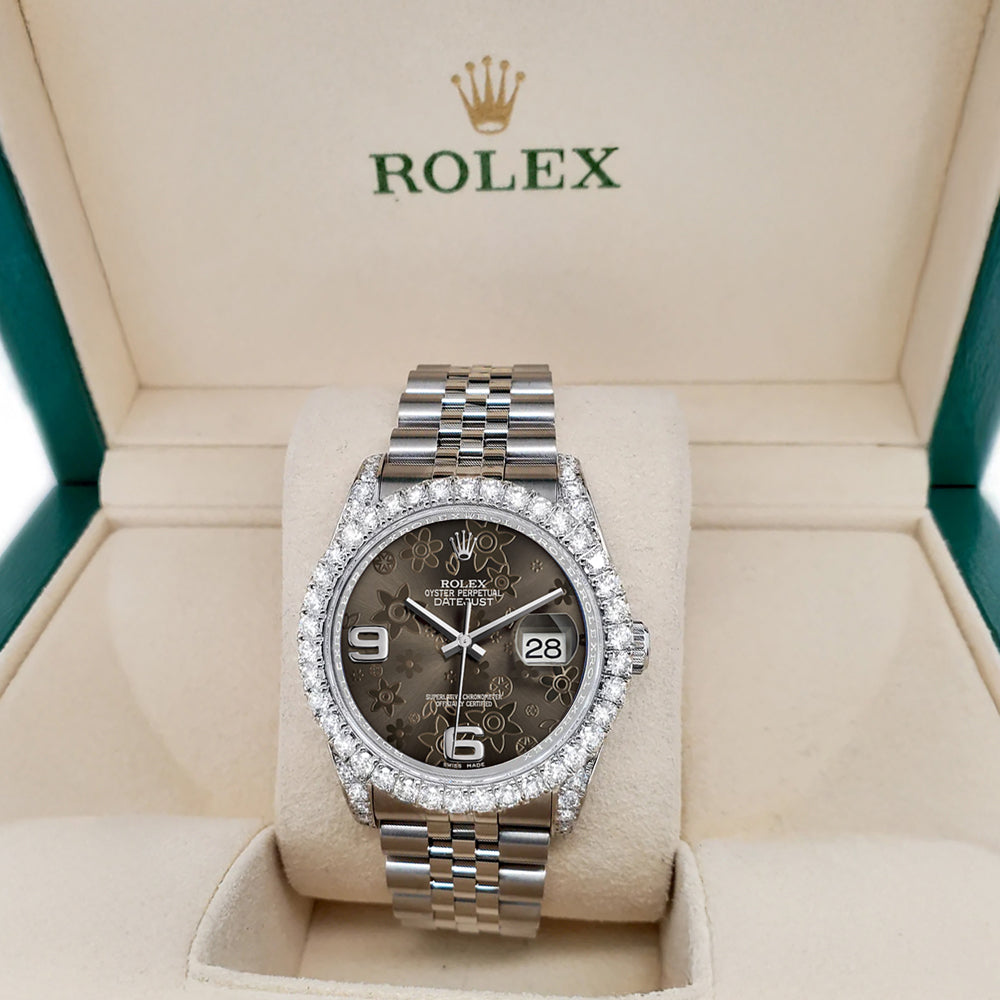 Rolex Datejust 116200 36mm 3.9CT Diamond Bezel/Lugs/Rhodium Floral Dial Steel Watch