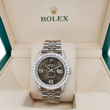 Rolex Datejust 116200 36mm 3.9CT Diamond Bezel/Lugs/Rhodium Floral Dial Steel Watch