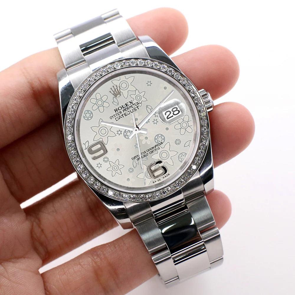Rolex Datejust 36mm Silver Floral Dial Oyster Watch with custom VS1 Diamond Bezel 116200