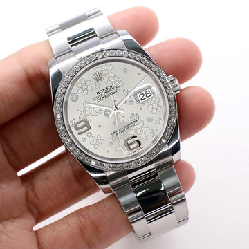 Rolex Datejust 36mm Silver Floral Dial Oyster Watch with custom VS1 Diamond Bezel 116200