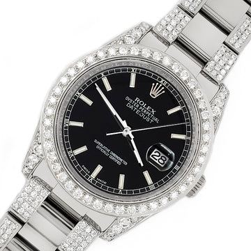 Rolex Datejust 36mm 5.9ct Diamond Bezel/Lugs/Bracelet/Black Index Dial Steel Watch 116200 Box Papers