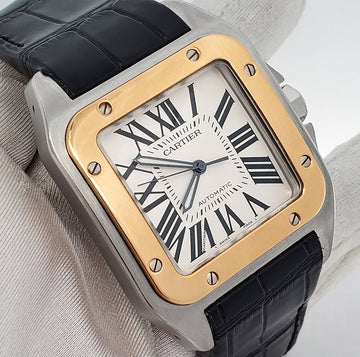 Cartier Santos 100 Steel Yellow Gold 38mm Silver Dial Mens Watch 2656