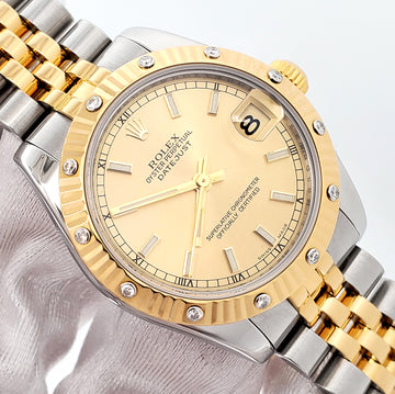 Rolex Datejust Champagne Index Dial Diamond Bezel 2-Tone Yellow Gold/Steel Watch 178313