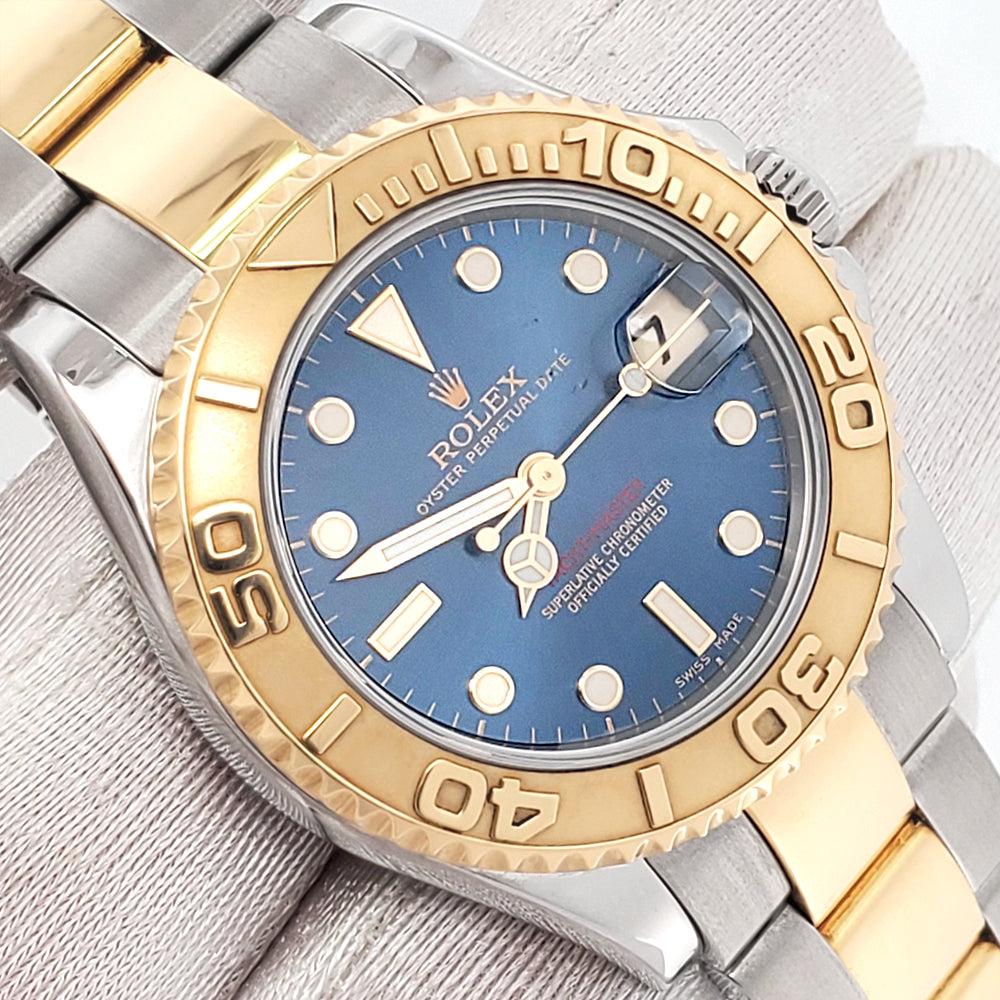 Rolex Yacht-Master Blue Dial Midsize 35mm Yellow Gold/Steel Watch 168623 Box Papers