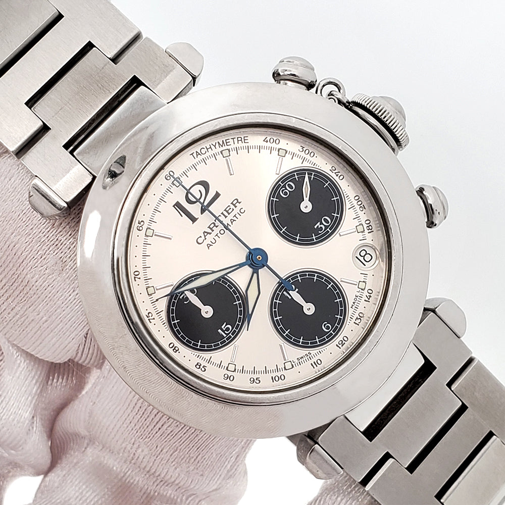 Cartier Pasha C 36mm Silver Panda Dial Chronograph Steel 2412 W31048M7 Watch Papers
