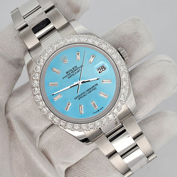 Rolex Datejust II 41mm 3.8ct Diamond Bezel/Ice Blue Dial Steel Watch 116300 Box Papers