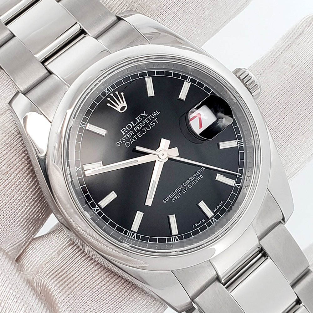 Rolex Datejust 36mm Black Index Dial Steel Oyster Watch 116200 Box Papers