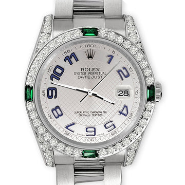 Rolex Datejust Silver Decorated Blue Arabic Dial 36mm 2.5ct Custom Diamond Bezel 116200 Steel Watch
