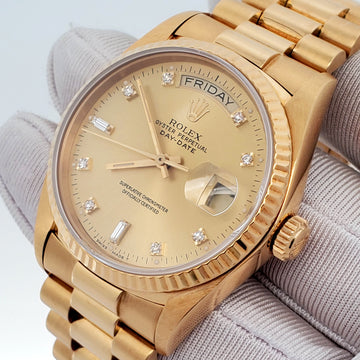 Rolex President Day-Date 36mm Factory Champagne Diamond Dial Yellow Gold Watch 18038