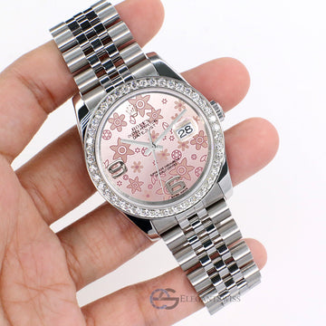 Rolex Datejust 36MM Pink Floral Dial Steel Jubilee Watch with 1.85CT Custom Diamond Bezel 116200