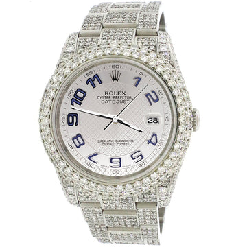 Rolex Datejust 36mm 116200 Pave 16.9CT Diamond Bezel/Case/Bracelet/Silver Decorated Blue Arabic Dial Watch Box Papers