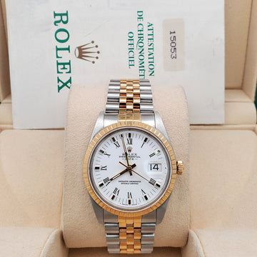 Rolex Date 34mm 15053 Vintage White Roman Dial Yellow Gold/Steel Jubilee Watch Box Papers