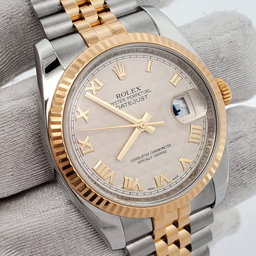 Rolex Datejust 36mm 2-Tone Yellow Gold/Steel Cream Pyramid Dial Watch 116233 Box Papers