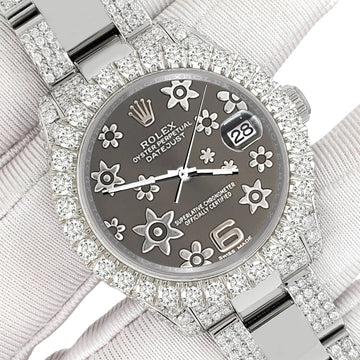 Rolex Datejust 31mm Pave 7.2ct Iced Diamond Gray Floral Dial Watch 178240