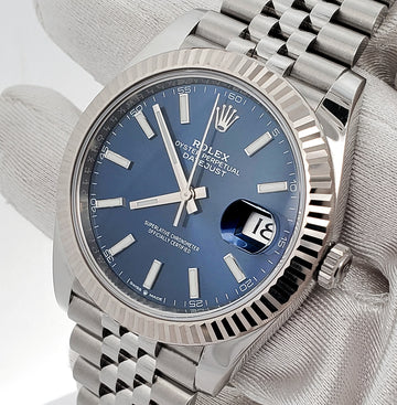 2023 Rolex Datejust 41 Blue Index White Gold Fluted Bezel Steel Jubilee Watch 126334 Box Papers