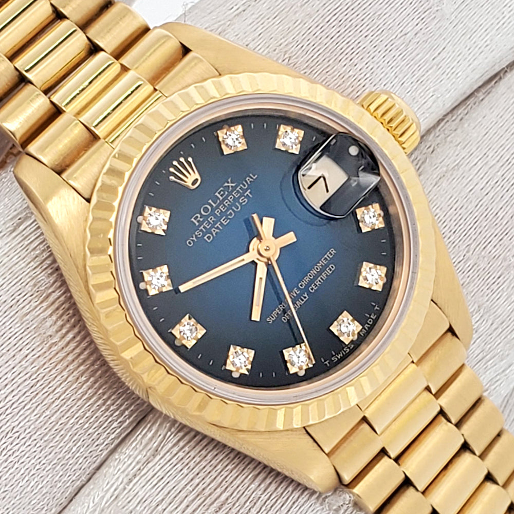 Rolex President Factory Blue Vignette Diamond Dial Yellow Gold Ladies 26mm Watch 69178 Box Papers