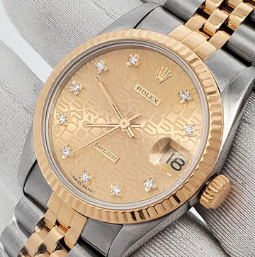 Rolex Datejust 31mm Factory Champagne Jubilee Diamond Dial Yellow Gold Fluted Bezel Watch 68273