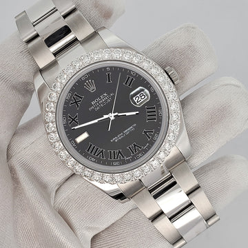 Rolex Datejust II 41mm 3.8ct Diamond Bezel/Rhodium Gray Roman Dial Steel Watch 116300 Box Papers