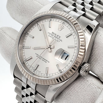 Rolex Datejust 36mm Silver Index White Gold Fluted Bezel Steel Jubilee Watch 116234 Box Papers