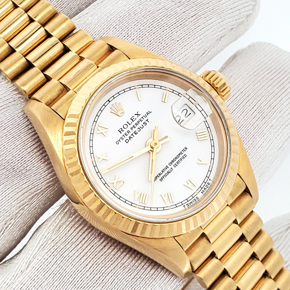 Rolex President Ladies Datejust 26mm White Roman Yellow Gold Watch 69178
