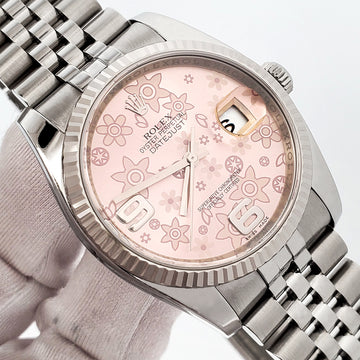 2011 Rolex Datejust 36mm Pink Floral Motif Dial White Gold Fluted Bezel Steel Jubilee Watch 116234 Box/Apr