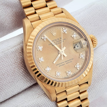 Rolex President Ladies 26mm Factory Champagne Diamond Dial Yellow Gold Watch 69178 Box Papers