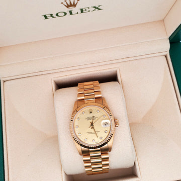 Rolex President Datejust Midsize 31mm Factory Champagne Diamond Dial Yellow Gold Watch 68278