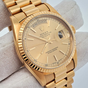 Rolex President Day-Date 36mm 18238 Factory Champagne Stick Dial Double-Quick Yellow Gold Watch