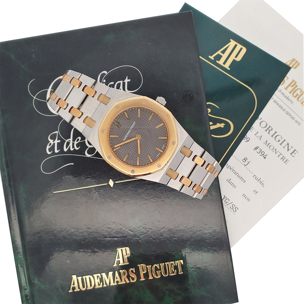 Audemars Piguet Royal Oak 33mm Grey Tapisserie 2-tone Yellow Gold/Steel Watch 6303 Papers