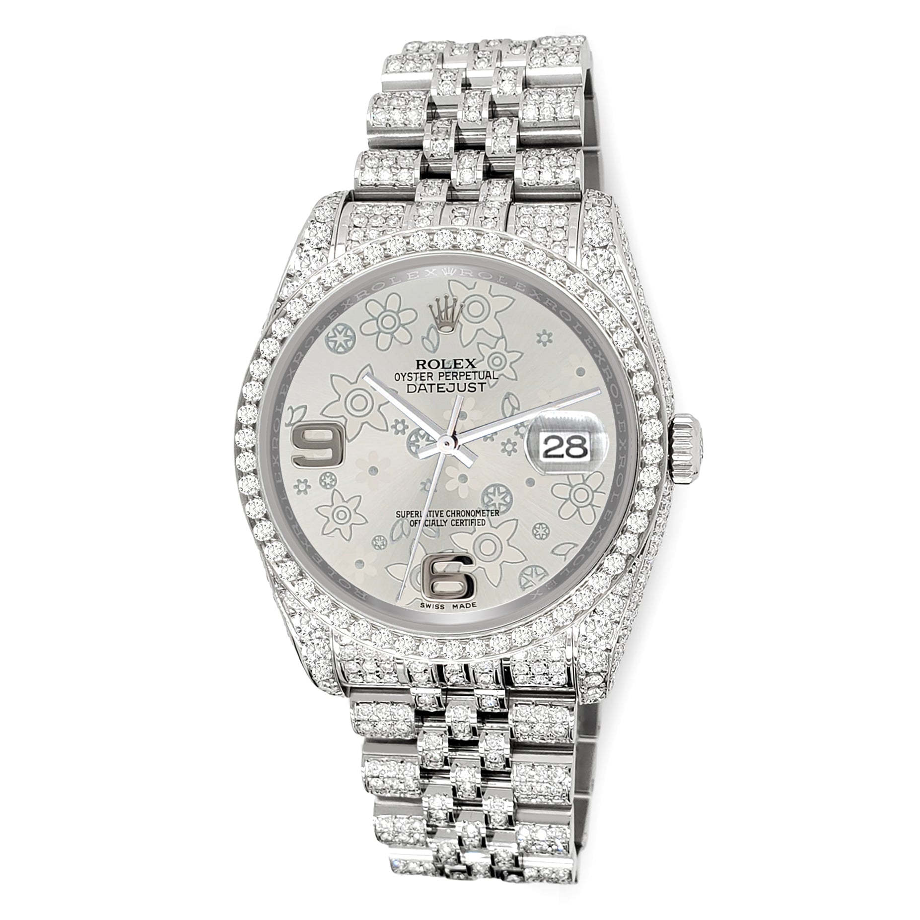 Rolex Datejust 36mm Silver Floral Dial Pave 10.2ct Iced Diamond Jubilee Watch 116200 Box Papers