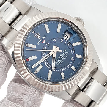 2022 Rolex Sky-Dweller White Gold Fluted Bezel Blue Index Dial Steel Oyster 42mm Watch 326934 Box Papers