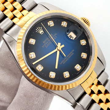 2001 Rolex Datejust Blue Vignette Diamond Dial Yellow Gold/Steel 36mm Watch 16233