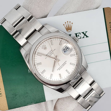 Rolex Oyster Perpetual Date 34mm 115200 Silver Dial Stainless Steel Oyster Watch Box Papers
