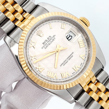 2010 Rolex Datejust Cream Pyramid Roman 2-Tone Yellow Gold/Steel Jubilee 36mm Watch 116233 Box Papers