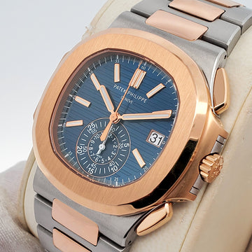 Patek Philippe Nautilus Chronograph 40.5mm 5980/1AR-001 Blue Dial 2-Tone Rose Gold/Steel Watch 2017 Box Papers
