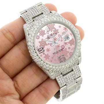 Rolex Datejust 36mm 116200 Pave 16.9CT Diamond Bezel/Case/Bracelet/Pink Flower Dial Watch Box Papers